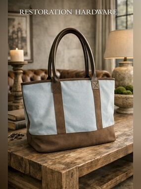 Restoration Hardware Light Blue and Brown Leather Large Canvas Tote Beach Bag